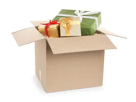 Parcel with gift boxes on white background Foto stock