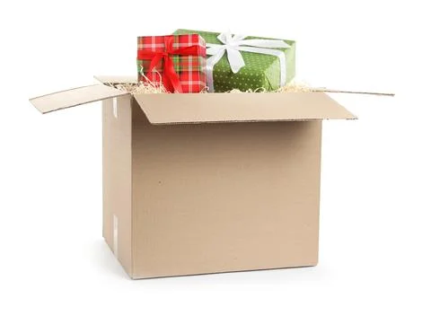 Parcel with gift boxes on white background Foto stock