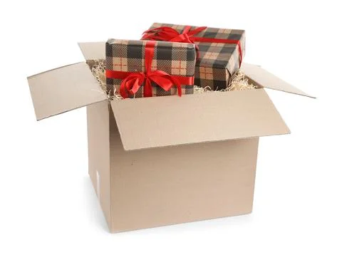 Parcel with gift boxes on white background Foto stock