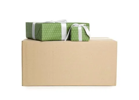 Parcel with gift boxes on white background Foto stock