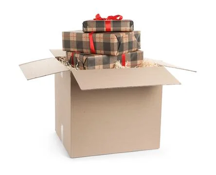 Parcel with gift boxes on white background Foto stock