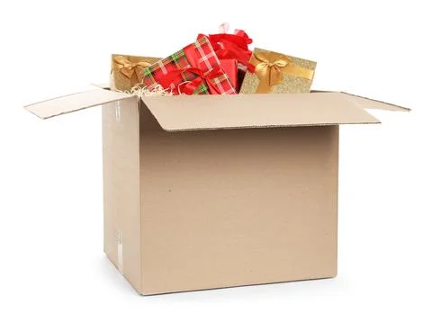 Parcel with gift boxes on white background Foto stock
