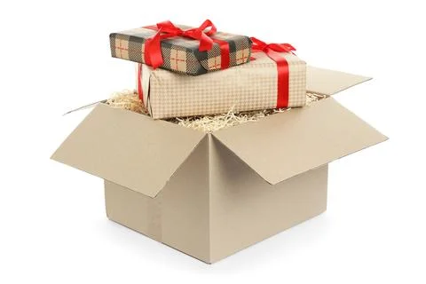 Parcel with gift boxes on white background Foto stock