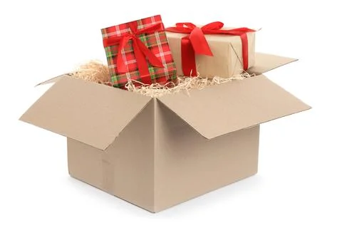 Parcel with gift boxes on white background 스톡 사진