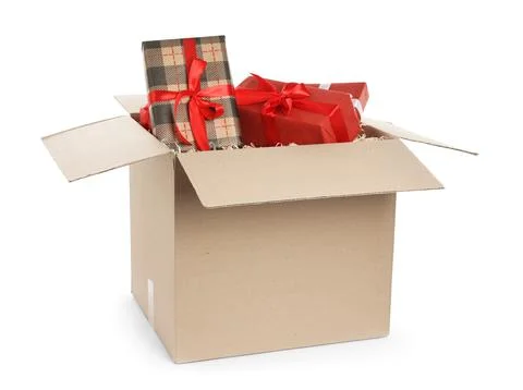 Parcel with gift boxes on white background Foto stock