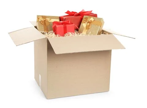 Parcel with gift boxes on white background Foto stock