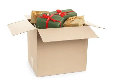 Parcel with gift boxes on white background Foto stock