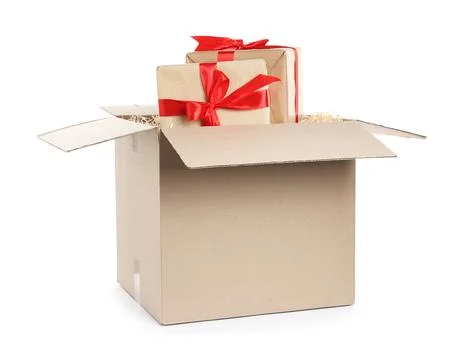 Parcel with gift boxes on white background 库存照片