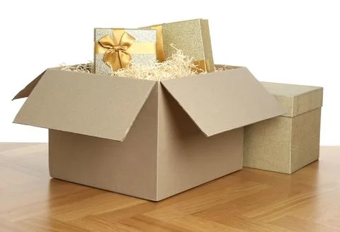 Parcel with gift boxes on wooden table against white background 스톡 사진
