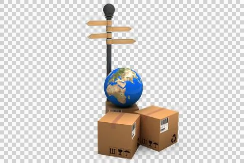 Parcel with globe by road sign Illustrazione stock