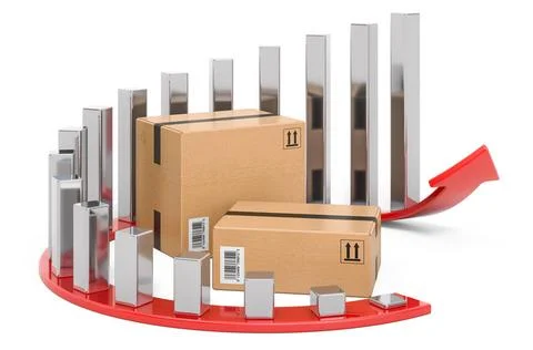 Parcel with growing chart and red arrow. 3D rendering Parcel with growing ... 스톡 사진