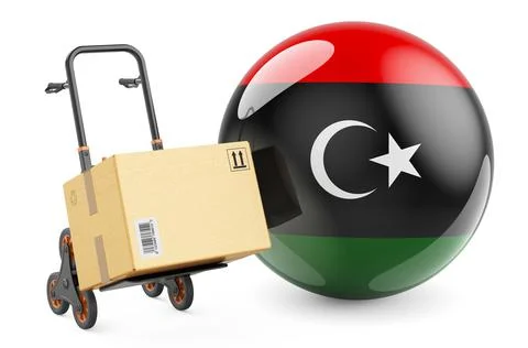 Parcel on the hand truck with Libyan flag. Shipping in Libya, concept. 3D ren Illustration