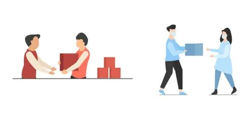 Parcel handling by a courier at the post office and delivery to the client Stock Illustration