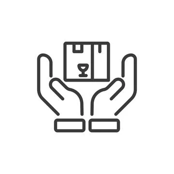 Parcel in hands, icon in line design. Parcel, hands, delivery, package, box Illustrazione stock