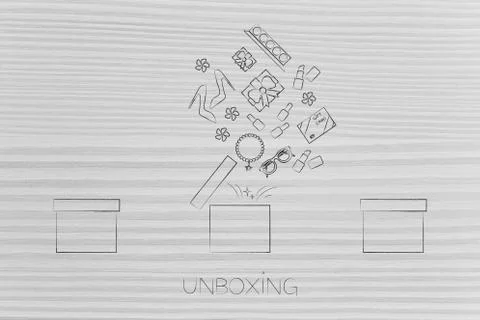 Parcel with items flying out of it next to two others Illustrazione stock