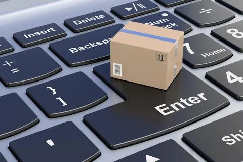 Parcel on laptop keyboard. 3D rendering Stock Illustration