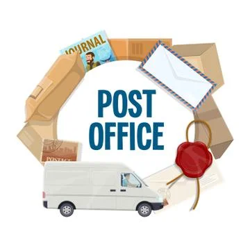 Parcel, letter, postage stamp, mail delivery truck Illustrazione stock