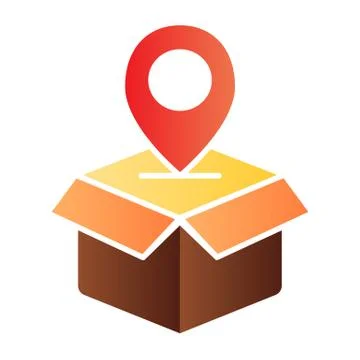Parcel location flat icon. Opened box with map pin color icons in trendy flat Illustrazione stock