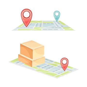 Parcel with location pin on map. Shipping of package and cargo transportation Stock Illustration