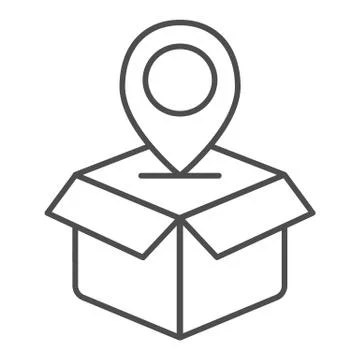 Parcel location thin line icon. Opened box with map pin vector illustration Illustrazione stock