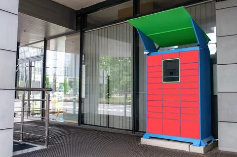 Parcel locker with many postal boxes near building outdoors Stock Photos