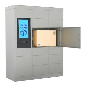 Parcel locker with package, automated delivery pickup cabinet. 3D rendering Stock Illustration