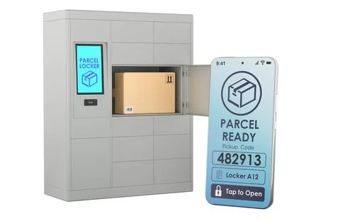 Parcel locker with pickup code smartphone app. 3D rendering Stock Illustration