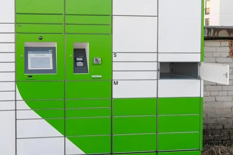 Parcel locker terminal with touchscreen 写真素材