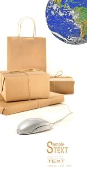 Parcel packages with computer mouse on white Stock Photos