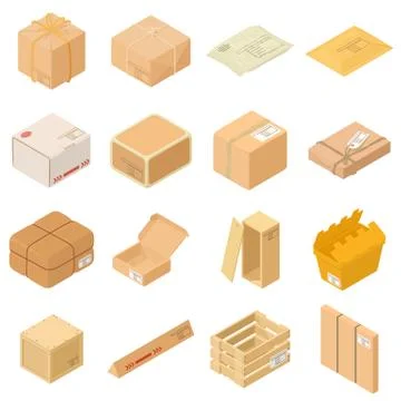 Parcel packaging box icons set, isometric style 스톡 일러스트