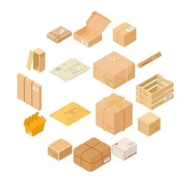 Parcel packaging box icons set, isometric style Stockillustratie