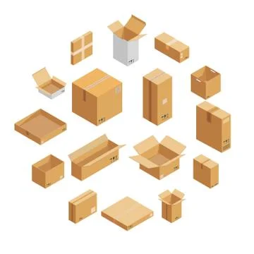 Parcel packaging box icons set, isometric style Stock Illustration