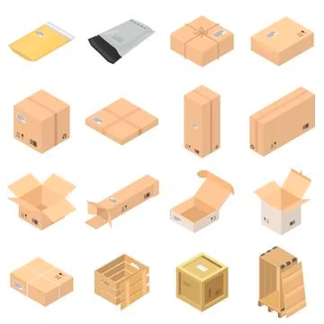Parcel packaging box icons set, isometric style Stock Illustration