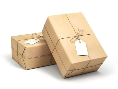 Parcel packaging box wrapped with craft paper with blank label isolated on... Foto stock