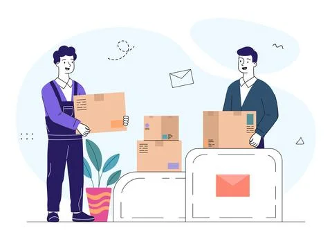 Parcel packaging process. Men with cardboard boxes. Shipping, delivery and Illustrazione stock