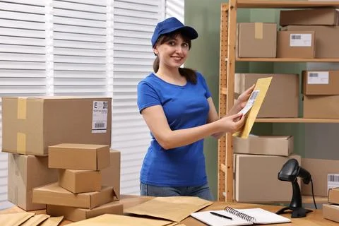 Parcel packing. Post office worker sticking barcode on bag at wooden table .. Photos