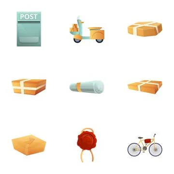 Parcel post delivery icon set, cartoon style Stock Illustration
