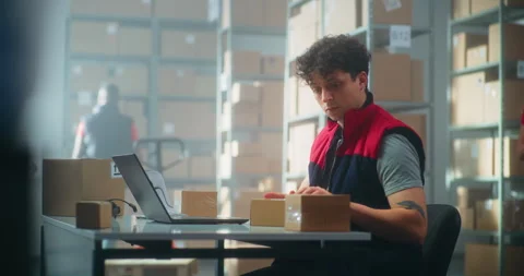 Parcel processing specialist scans packages using barcode scanner, works on Stock Footage 307581597