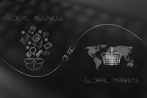 Parcel with products and world map with shopping basket with plug in between Illustrazione stock