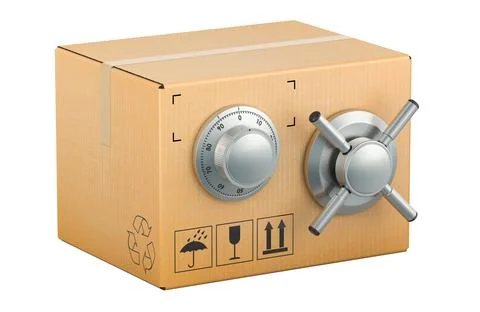 Parcel with safe combination dial and metal handle safe. 3D rendering Stock Illustration