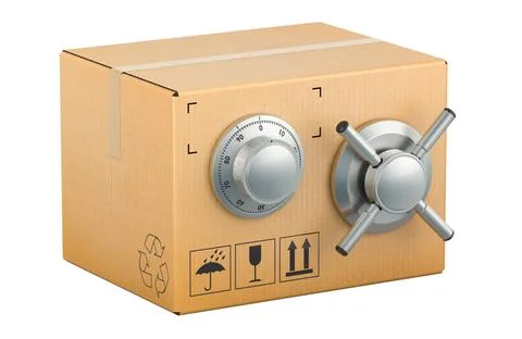Parcel with safe combination dial and metal handle safe. 3D rendering Parc... 스톡 사진