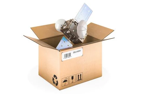 Parcel with satellite, 3D rendering Illustrazione stock