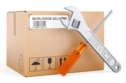 Parcel with screwdriver and wrench. 3D rendering Stock Illustration