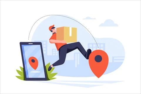 Parcel send to location pins on mobile phone by delivery man Illustrazione stock