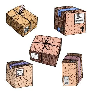 Parcel set sketch hand drawn vector Stock Illustration