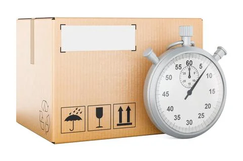 Parcel with stopwatch. Fast delivery concept, 3D rendering Stock Illustration