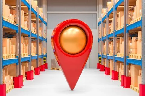 Parcel tracking concept. Map pointer inside the warehouse. 3D rendering Stock Illustration