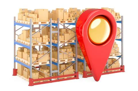 Parcel tracking concept. Map pointer with double pallet rack full of parcels. Stock Illustration