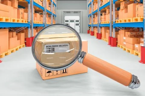 Parcel tracking concept. Parcel with magnifying glass in warehouse. 3D render Stock Illustration