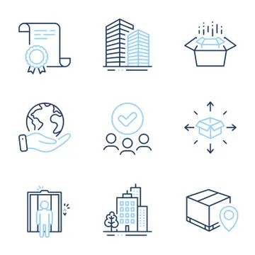 Parcel tracking, Elevator and Skyscraper buildings icons set. Vector Stock Illustration